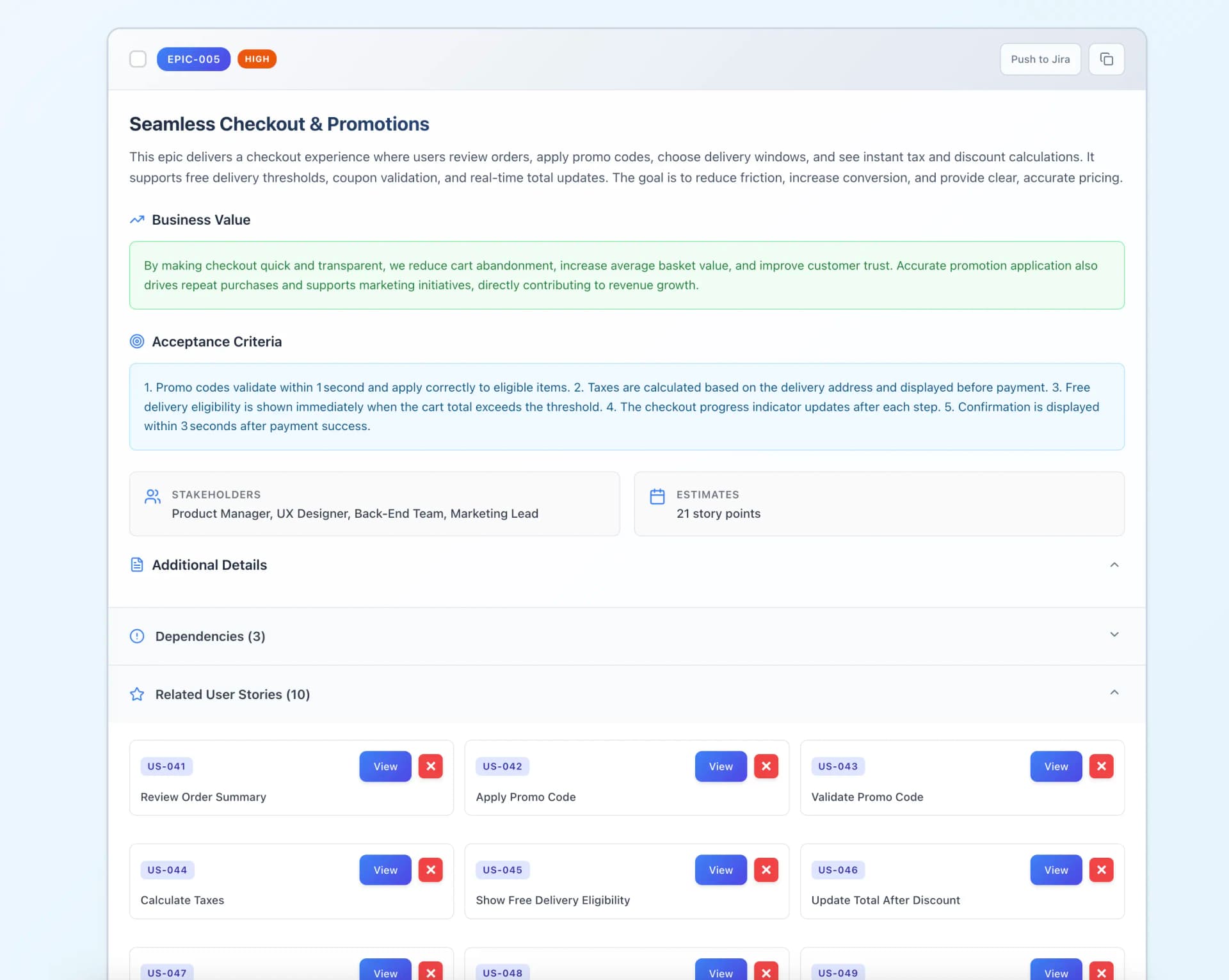 Scribbles interface showing meeting notes being converted to epics with goals and user story breakdowns
