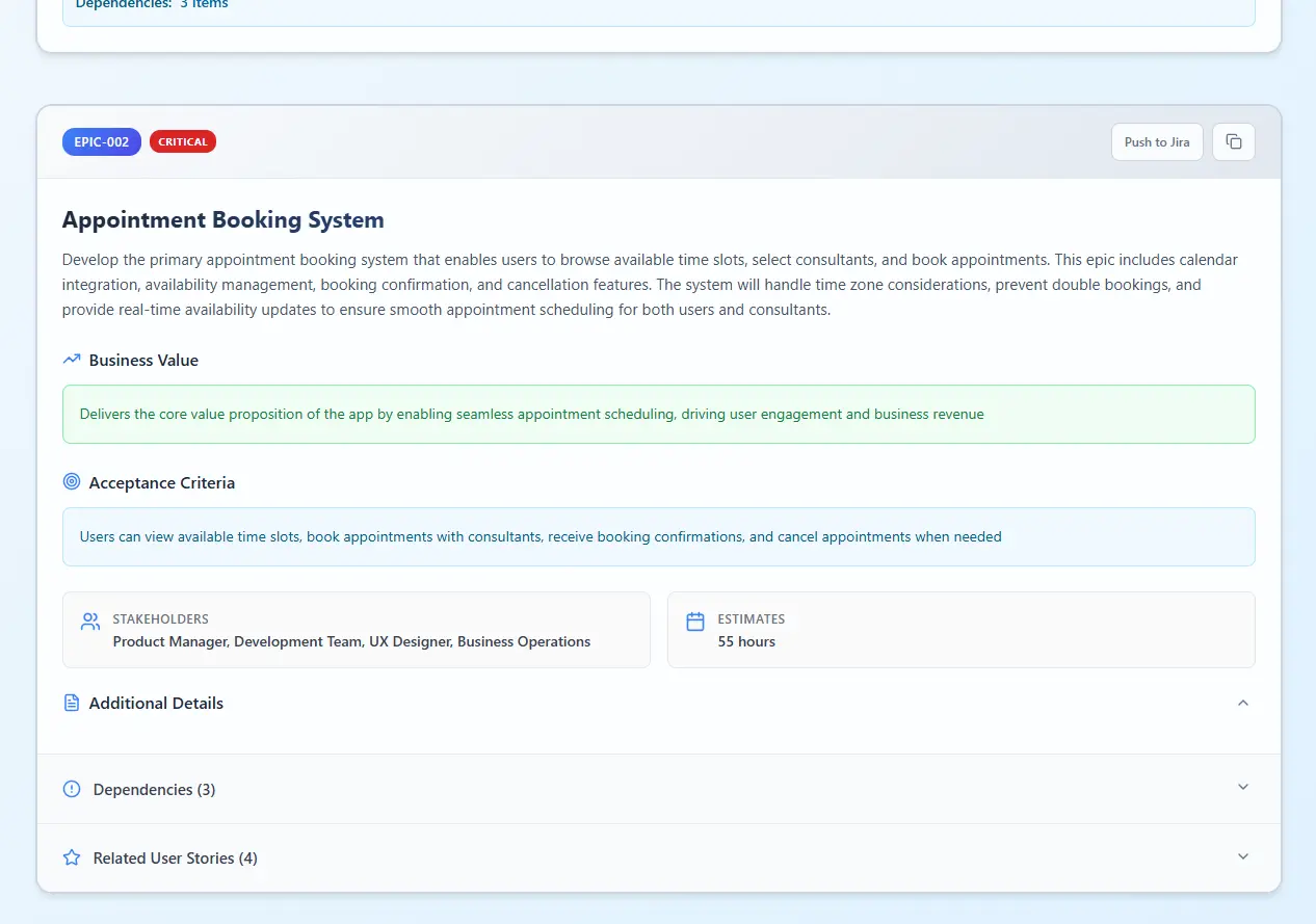 Scribbles interface showing meeting notes being converted to epics with goals and user story breakdowns